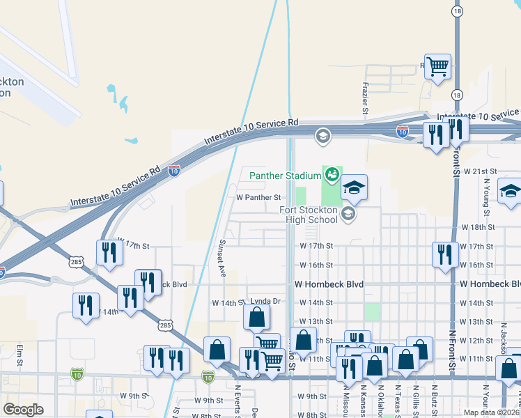 map of restaurants, bars, coffee shops, grocery stores, and more near 1600 Westwind Drive in Fort Stockton