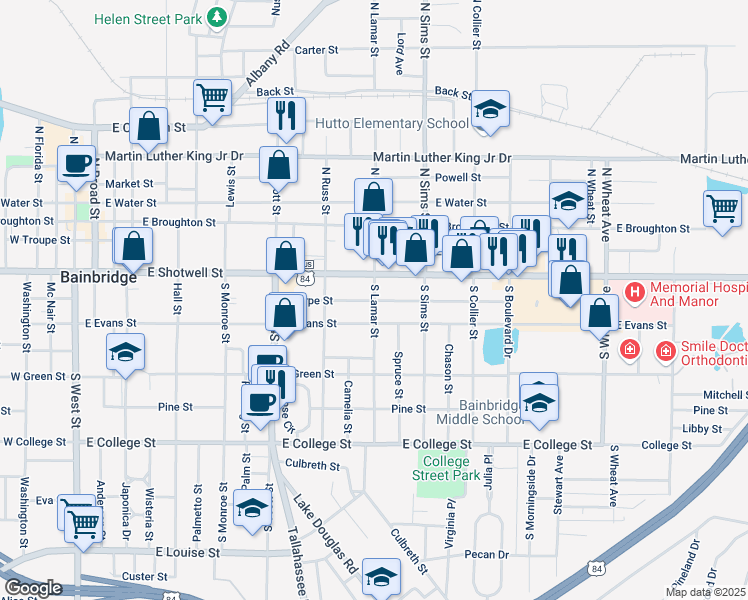 map of restaurants, bars, coffee shops, grocery stores, and more near 999 Sharpe St in Bainbridge