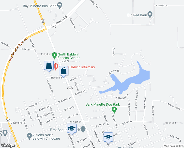 map of restaurants, bars, coffee shops, grocery stores, and more near 1910 Mary Jane Road in Bay Minette