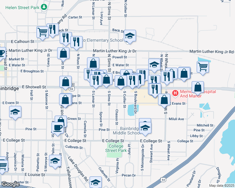 map of restaurants, bars, coffee shops, grocery stores, and more near 1119 Sharpe Street in Bainbridge