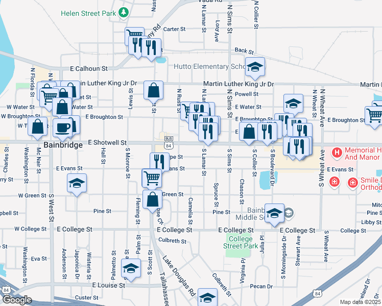 map of restaurants, bars, coffee shops, grocery stores, and more near 901-999 Sharpe St in Bainbridge