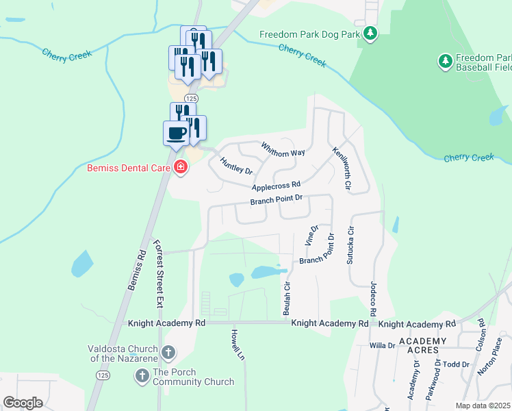 map of restaurants, bars, coffee shops, grocery stores, and more near 5165 Glory Place in Valdosta