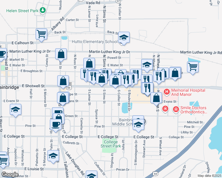 map of restaurants, bars, coffee shops, grocery stores, and more near 1119 Sharpe Street in Bainbridge