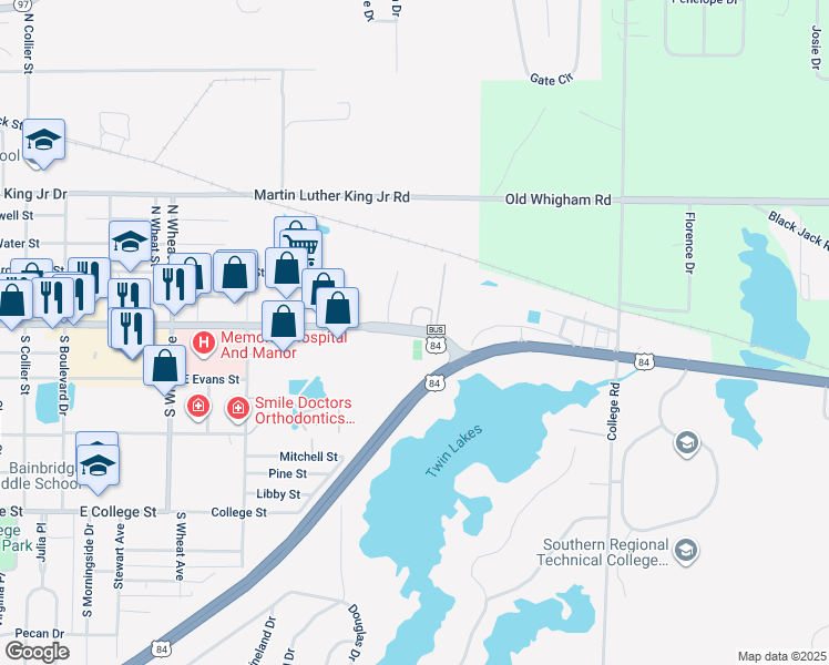 map of restaurants, bars, coffee shops, grocery stores, and more near 1814 East Shotwell Street in Bainbridge