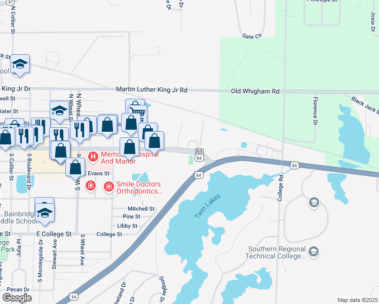 map of restaurants, bars, coffee shops, grocery stores, and more near 1814-1818 East Shotwell Street in Bainbridge