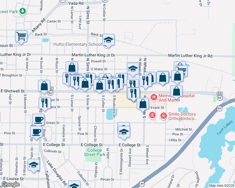 map of restaurants, bars, coffee shops, grocery stores, and more near 1205 Sharpe Street in Bainbridge