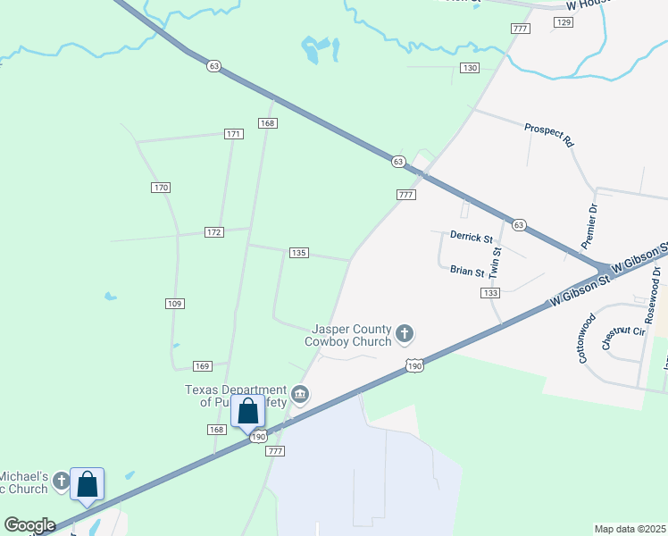 map of restaurants, bars, coffee shops, grocery stores, and more near County Road 135 in Jasper
