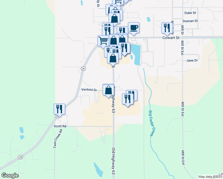 map of restaurants, bars, coffee shops, grocery stores, and more near 11246 Old Highway 63 in Lucedale