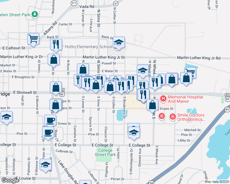 map of restaurants, bars, coffee shops, grocery stores, and more near 298 South Collier Street in Bainbridge