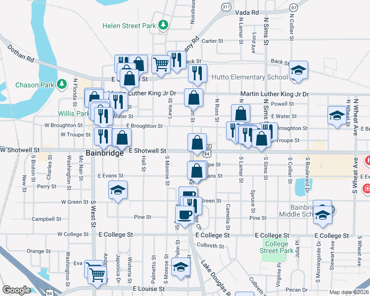 map of restaurants, bars, coffee shops, grocery stores, and more near 719 East Shotwell Street in Bainbridge