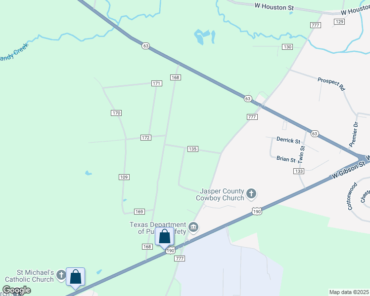 map of restaurants, bars, coffee shops, grocery stores, and more near County Road 135 in Jasper