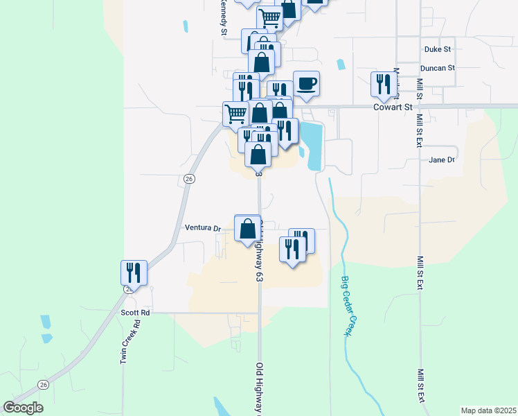 map of restaurants, bars, coffee shops, grocery stores, and more near 11246-11282 Old Highway 63 in Lucedale