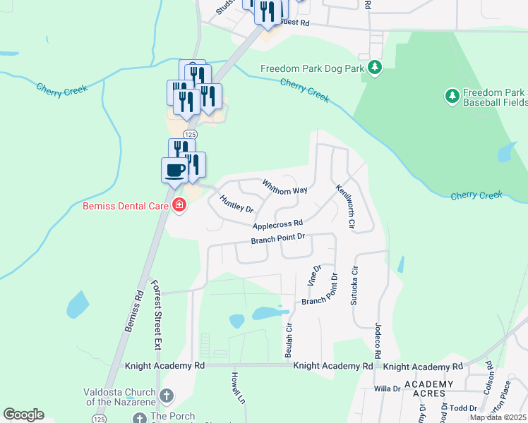 map of restaurants, bars, coffee shops, grocery stores, and more near 4310 Aberdeen Drive in Valdosta