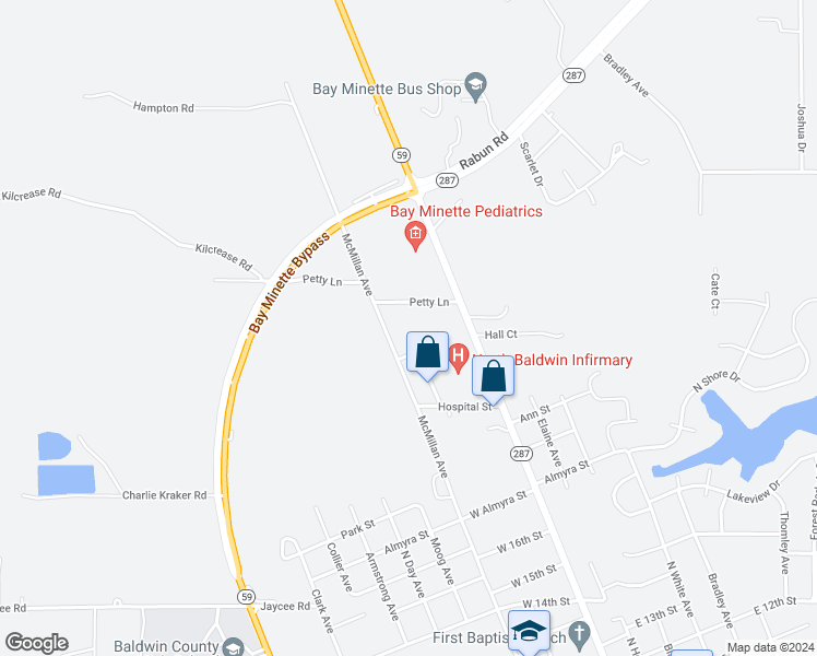 map of restaurants, bars, coffee shops, grocery stores, and more near 2010 Medical Center Drive in Bay Minette