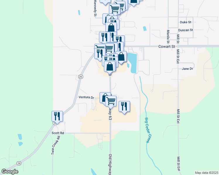 map of restaurants, bars, coffee shops, grocery stores, and more near 11246-11282 Old Highway 63 in Lucedale
