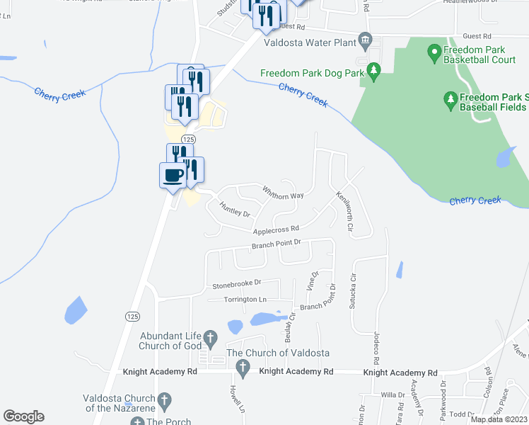 map of restaurants, bars, coffee shops, grocery stores, and more near 4314 Aberdeen Drive in Valdosta