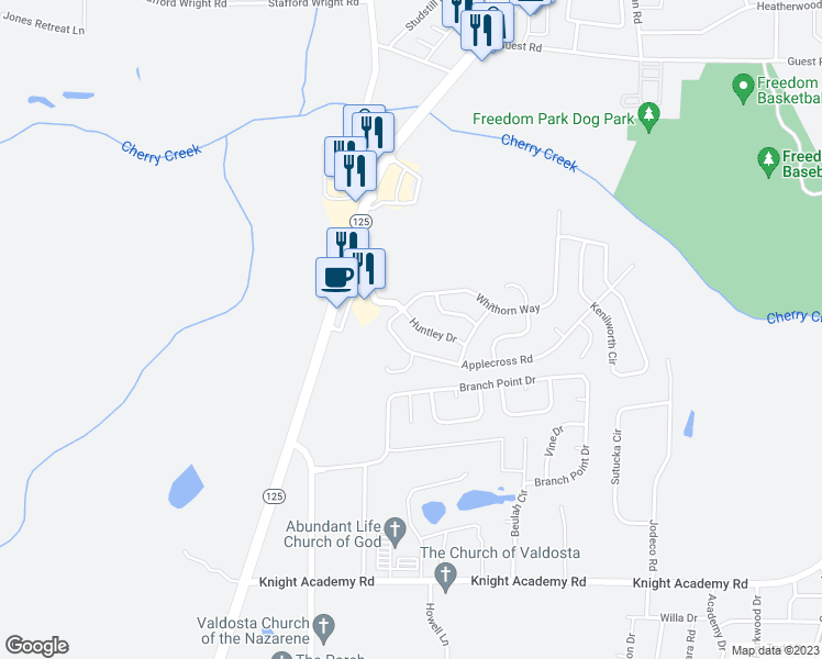 map of restaurants, bars, coffee shops, grocery stores, and more near 4058 Huntley Drive in Valdosta