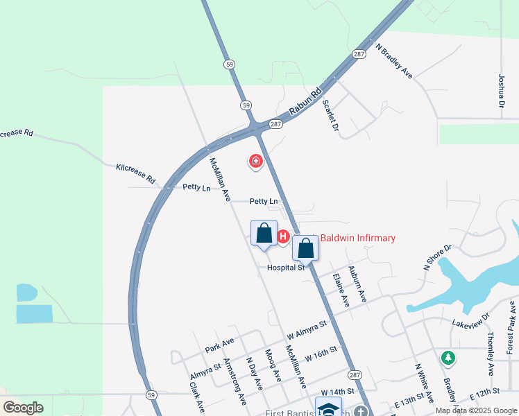 map of restaurants, bars, coffee shops, grocery stores, and more near 100-104 Petty Lane in Bay Minette