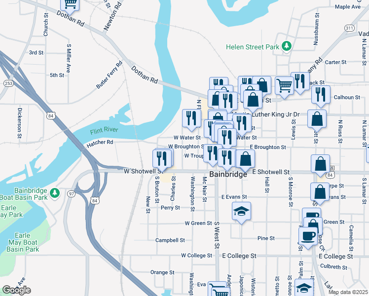 map of restaurants, bars, coffee shops, grocery stores, and more near 117 South Donalson Street in Bainbridge