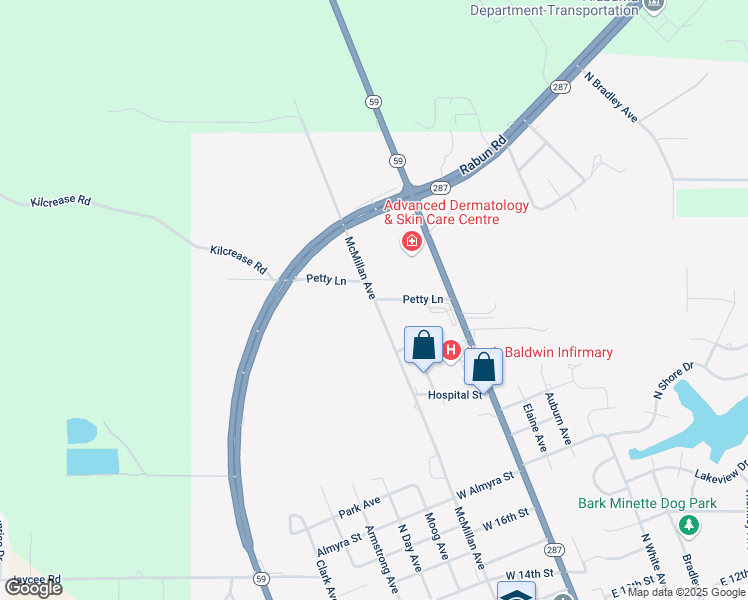 map of restaurants, bars, coffee shops, grocery stores, and more near 100 Petty Lane in Bay Minette