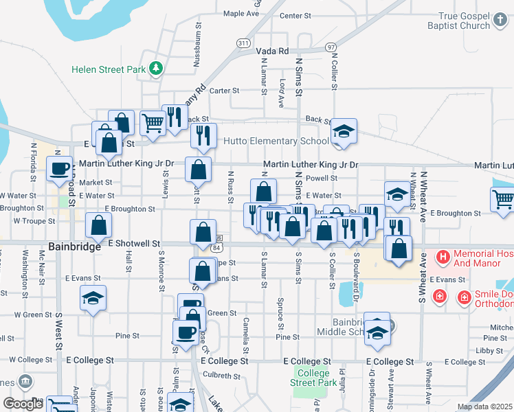 map of restaurants, bars, coffee shops, grocery stores, and more near 935 East Broughton Street in Bainbridge