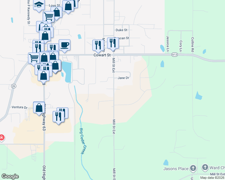 map of restaurants, bars, coffee shops, grocery stores, and more near 2-98 Criswell Drive in Lucedale