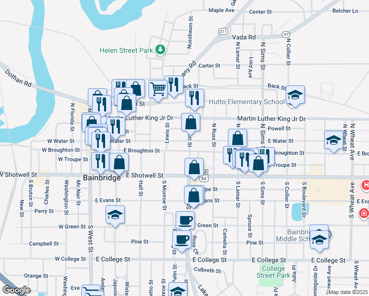 map of restaurants, bars, coffee shops, grocery stores, and more near 737 East Broughton Street in Bainbridge