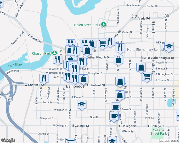 map of restaurants, bars, coffee shops, grocery stores, and more near 425 East Broughton Street in Bainbridge