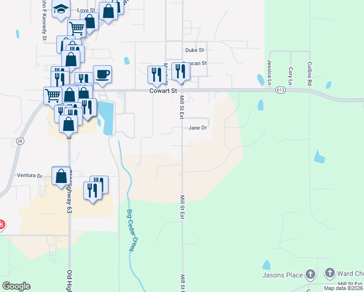 map of restaurants, bars, coffee shops, grocery stores, and more near 2 Criswell Drive in Lucedale