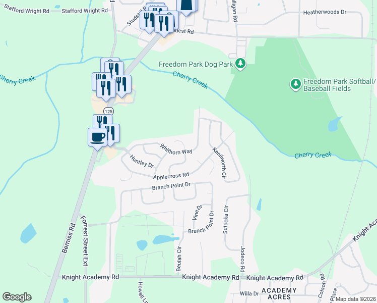 map of restaurants, bars, coffee shops, grocery stores, and more near 4217 Whithorn Way in Valdosta