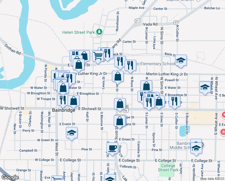 map of restaurants, bars, coffee shops, grocery stores, and more near 737 East Broughton Street in Bainbridge