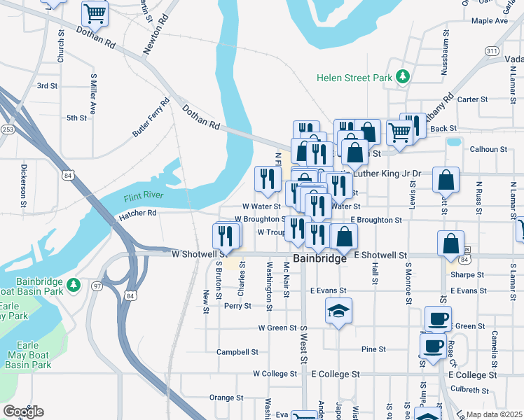 map of restaurants, bars, coffee shops, grocery stores, and more near 117 South Donalson Street in Bainbridge