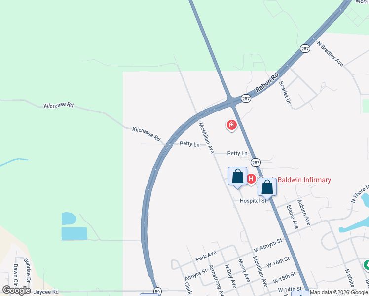 map of restaurants, bars, coffee shops, grocery stores, and more near 315 Petty Lane in Bay Minette