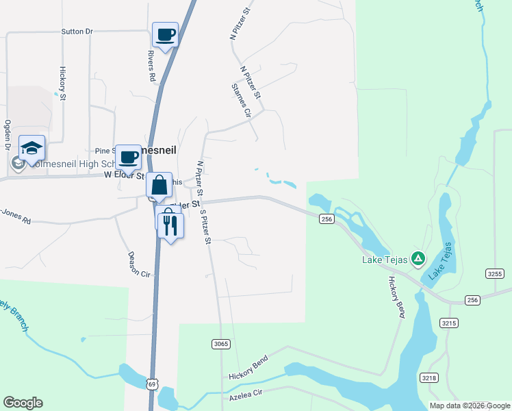 map of restaurants, bars, coffee shops, grocery stores, and more near 704 East Elder Street in Colmesneil
