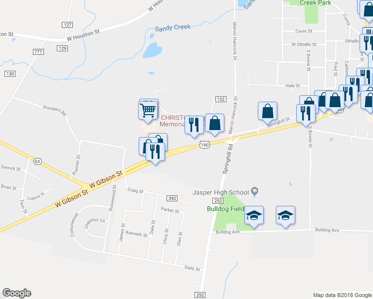 map of restaurants, bars, coffee shops, grocery stores, and more near 615 West Gibson Street in Jasper