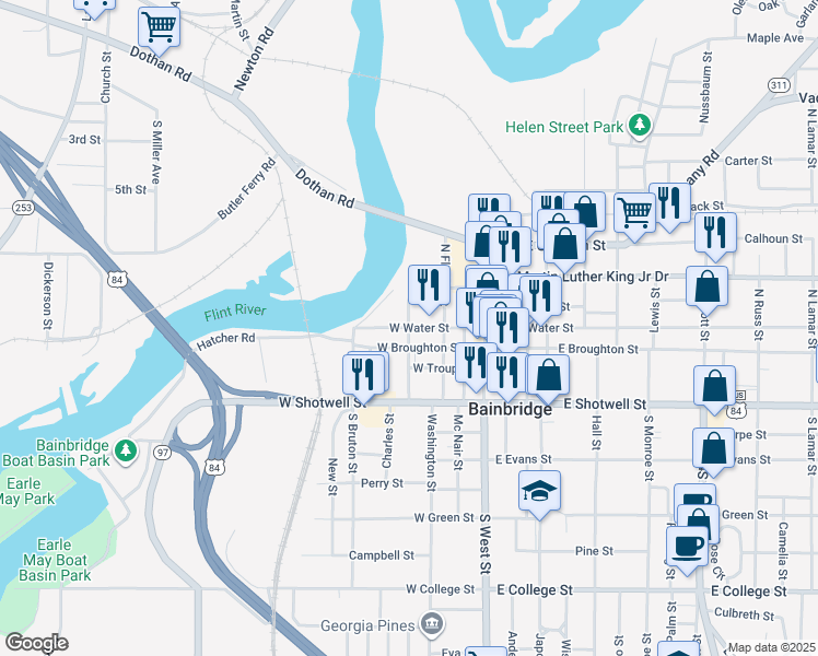map of restaurants, bars, coffee shops, grocery stores, and more near West Water Street in Bainbridge