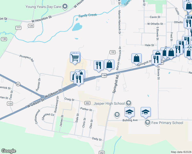 map of restaurants, bars, coffee shops, grocery stores, and more near 612 West Gibson Street in Jasper