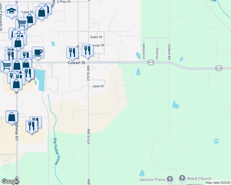 map of restaurants, bars, coffee shops, grocery stores, and more near 2-184 Jane Drive in Lucedale