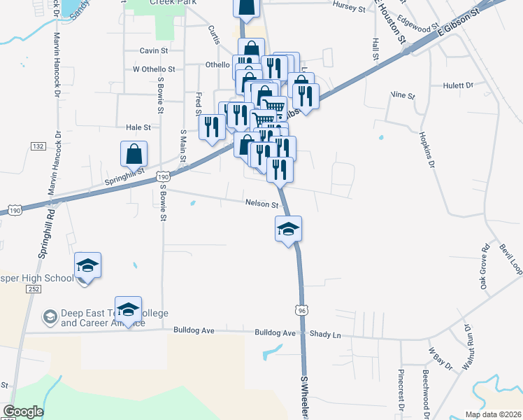 map of restaurants, bars, coffee shops, grocery stores, and more near 443 Nelson Street in Jasper