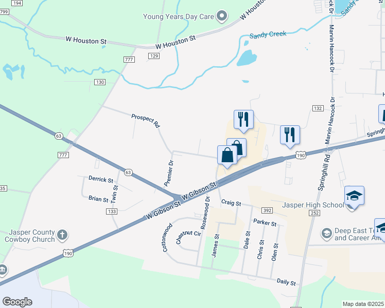 map of restaurants, bars, coffee shops, grocery stores, and more near Premier Drive in Jasper
