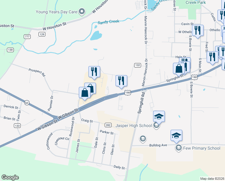 map of restaurants, bars, coffee shops, grocery stores, and more near 612 West Gibson Street in Jasper