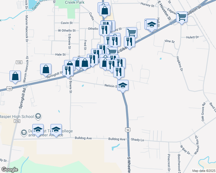 map of restaurants, bars, coffee shops, grocery stores, and more near 443 Nelson Street in Jasper