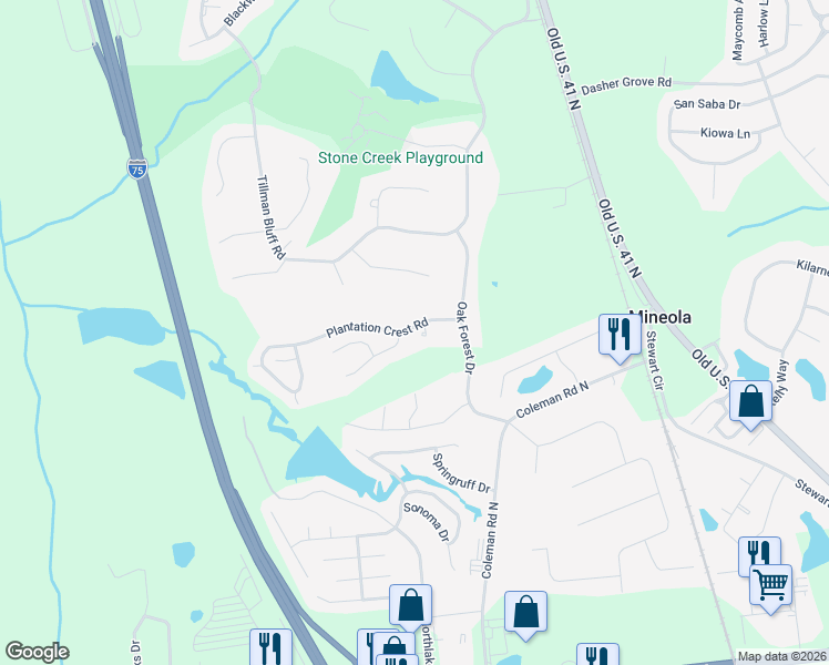 map of restaurants, bars, coffee shops, grocery stores, and more near 4341 Plantation Crest Road in Valdosta