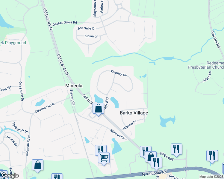map of restaurants, bars, coffee shops, grocery stores, and more near 3902 Leprechaun Lane in Valdosta