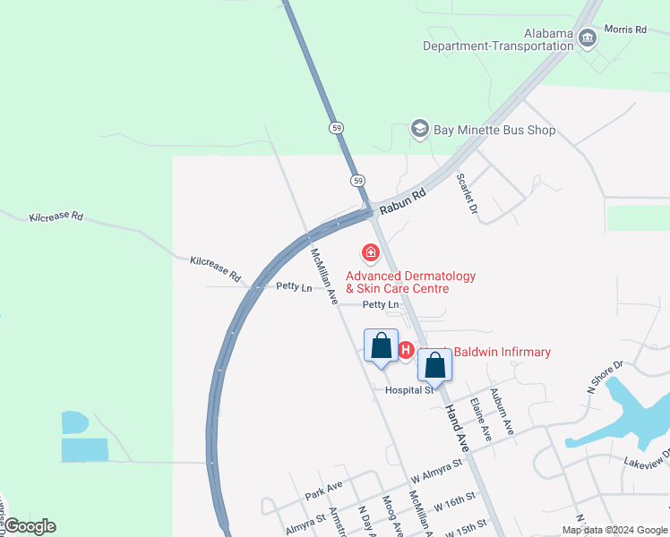 map of restaurants, bars, coffee shops, grocery stores, and more near 2112 McMillan Avenue in Bay Minette