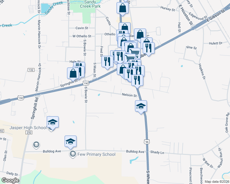 map of restaurants, bars, coffee shops, grocery stores, and more near 384 Nelson Street in Jasper