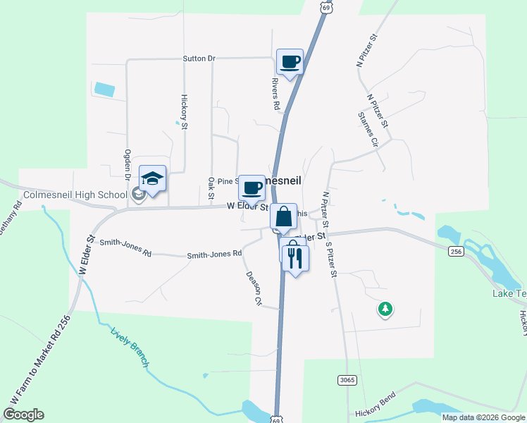 map of restaurants, bars, coffee shops, grocery stores, and more near 109 West Elder Street in Colmesneil