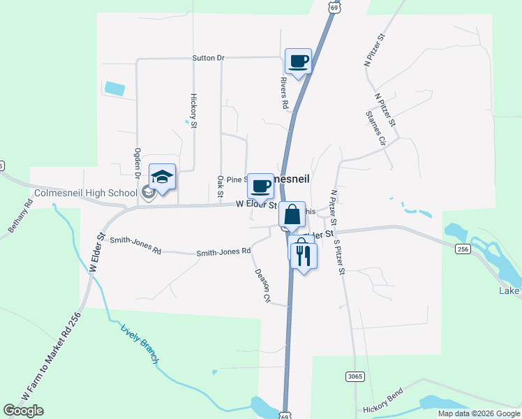 map of restaurants, bars, coffee shops, grocery stores, and more near 109 West Elder Street in Colmesneil