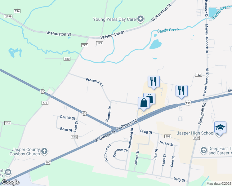 map of restaurants, bars, coffee shops, grocery stores, and more near Premier Drive in Jasper