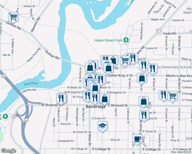 map of restaurants, bars, coffee shops, grocery stores, and more near 340 North Broad Street in Bainbridge